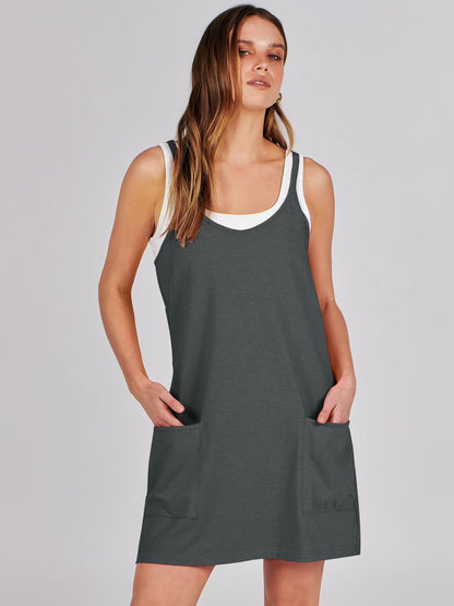 ANRABESS Women Athletic Dress Summer Tennis Workout Active Sports Mini Romper Dress Built in Shorts Travel Vacation Clothes Deep Gray Medium