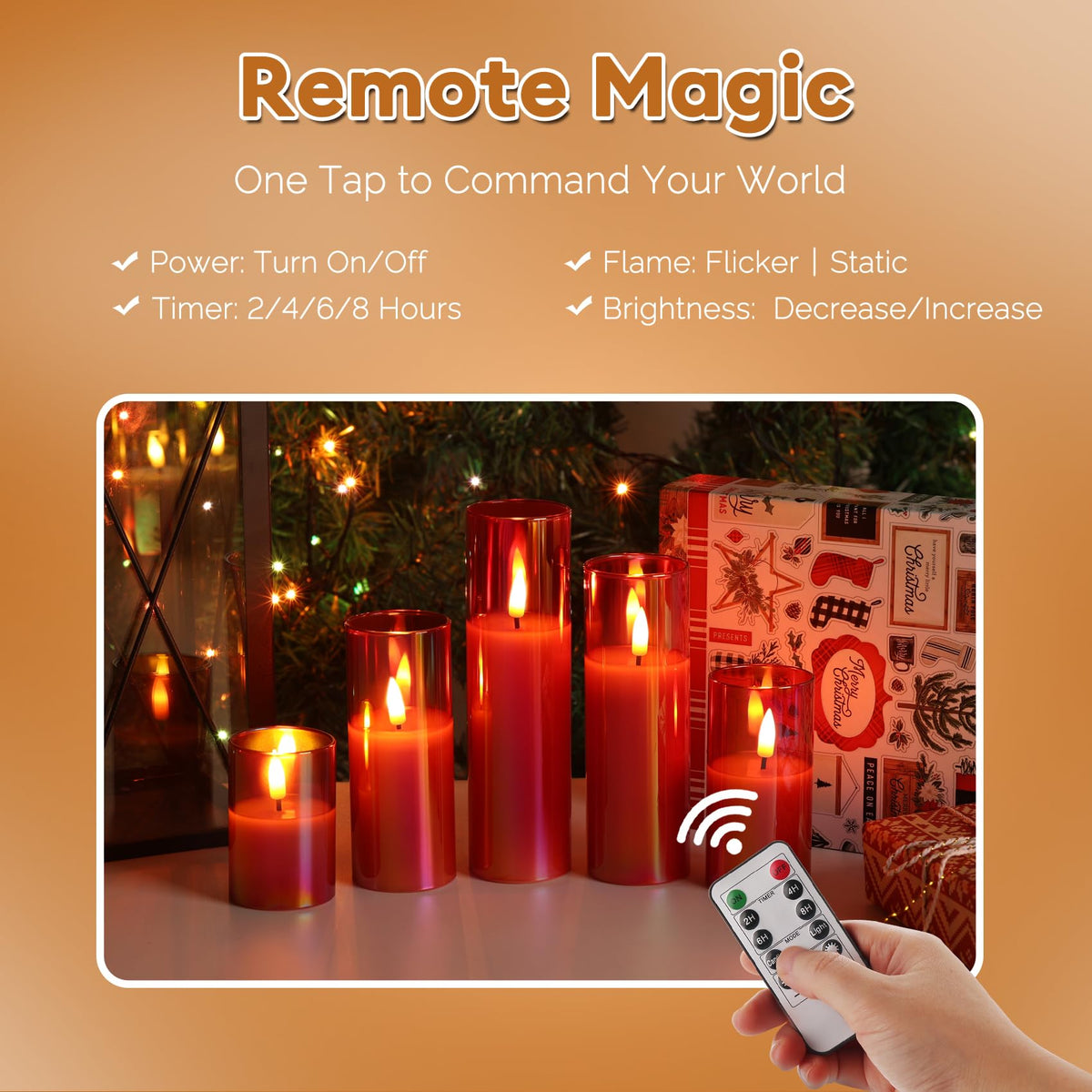 Girimax Red Glass Flameless Candles with Remote Batteries, Flickering Christmas LED Pillar Candles Set of 5