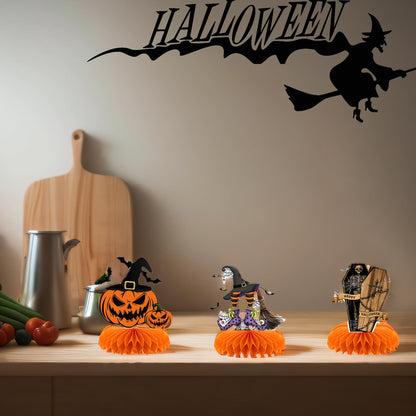 9pcs Halloween Decorations Honeycomb Centerpieces - Halloween Table Decorations for Halloween Parties, Spooky Theme Designs with Witches, Pumpkins, Ghosts, and Skeletons