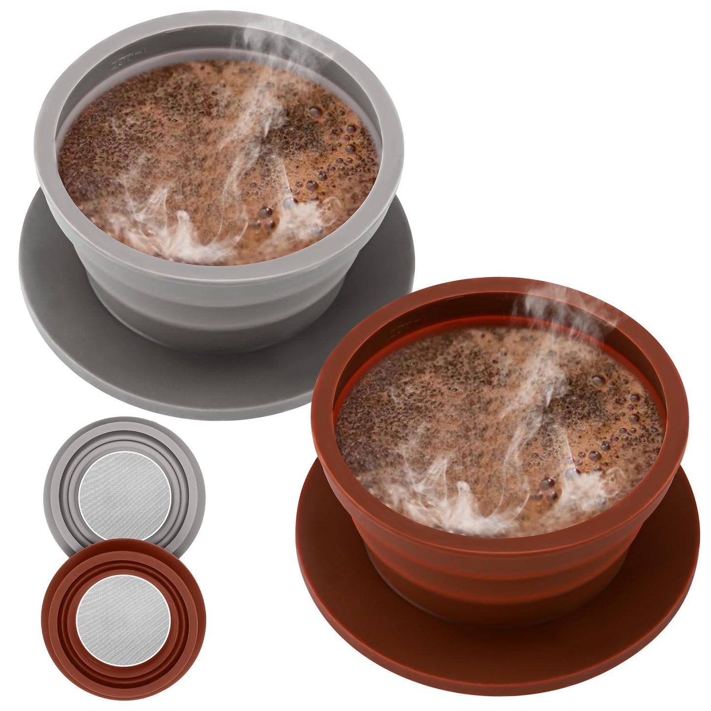 2-Packs Travel Collapsible Paperless Pour Over Coffee Dripper Kit with Stainless Steel Filter, Travel Pour Over Coffee Maker Camping, Silicone Coffee Strainer Pour Over Single Cup (Brown+Black)
