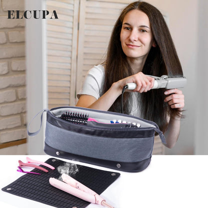 Large Hair Tools Travel Bag with Iron Mat - 2in1 Hair Tools Organizer for Hair Dryer Brush, Flat Irons, Straighteners, Curling Irons, Hair Bag, Makeup Bag, Cosmetic Bag for Travel Essentials