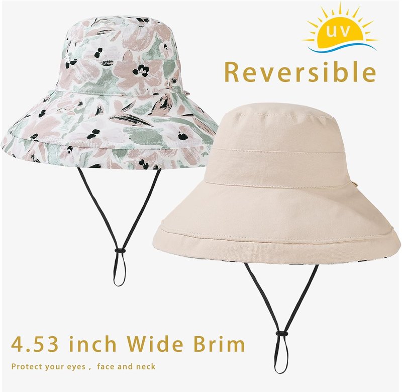 Womens Sun Hats - Wide Brim Reversible Bucket Hat for Summer Travel | UV Protection, Packable Cotton