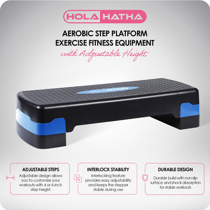 HolaHatha Compact Portable Aerobic Step Platform Workout Exercise Equipment, Fitness Cardio Stepper with Adjustable Height for Home Gym & Travel, Blue