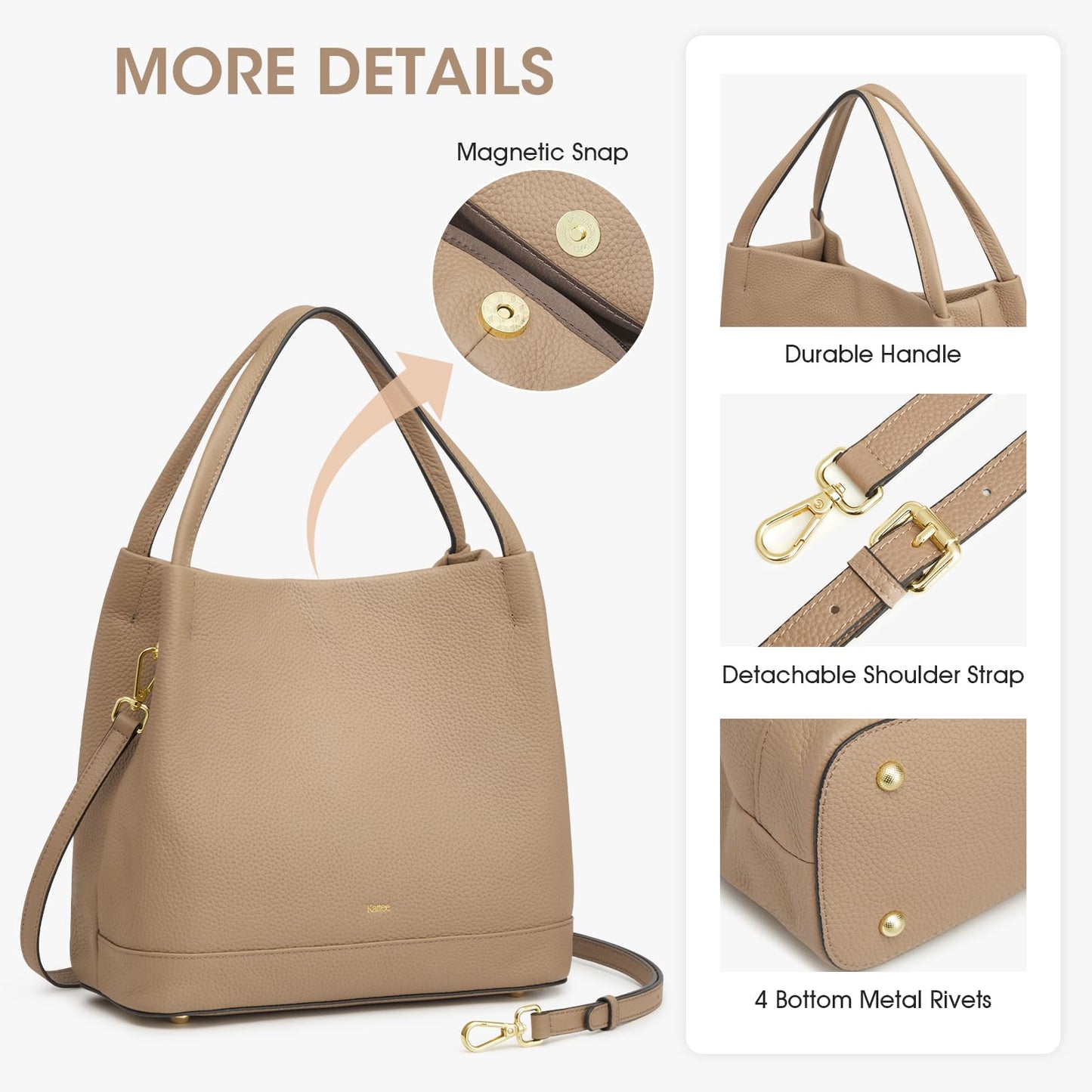 Kattee Genuine Leather Handbags for Women 2026 Trendy, Soft Leather Bucket Bags Shoulder Tote Crossbody Purses with 2 Straps, Apricot