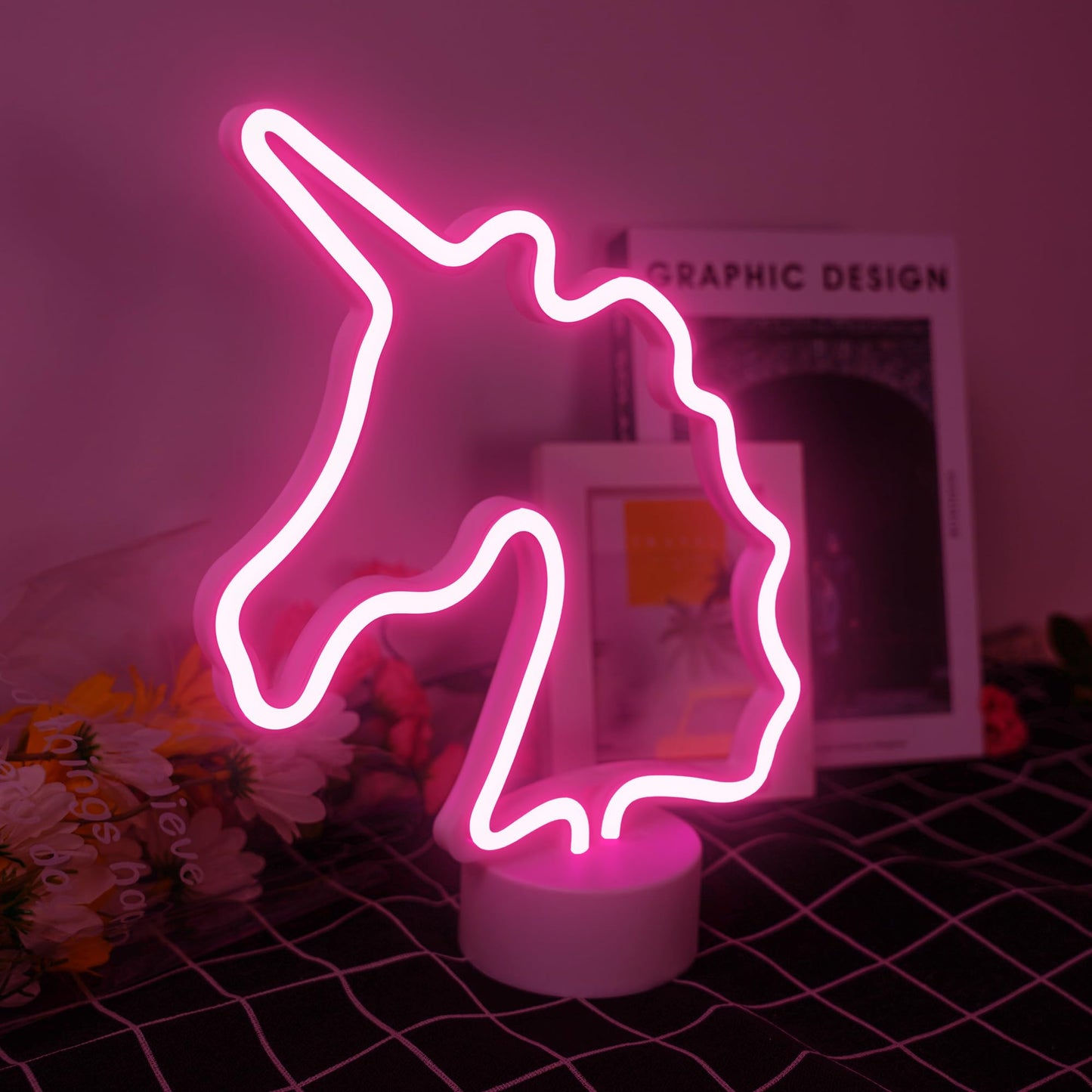 Unicorn Neon Sign with Holder Base, USB & Battery Powered, Pink Unicorn Neon Lights for Girs Room, Table Lamp Decor for Home, Bedroom, Living room, Bar, Office, Party, Christmas, Birthday Gifts