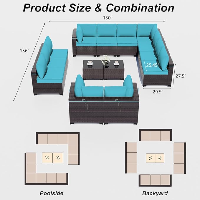 ALAULM 14 Pieces Outdoor Patio Furniture Set Sectional Sofa Sets Brown PE Rattan Patio Conversation Set w/12 Blue Seat Cushions and 2 Coffee Tables