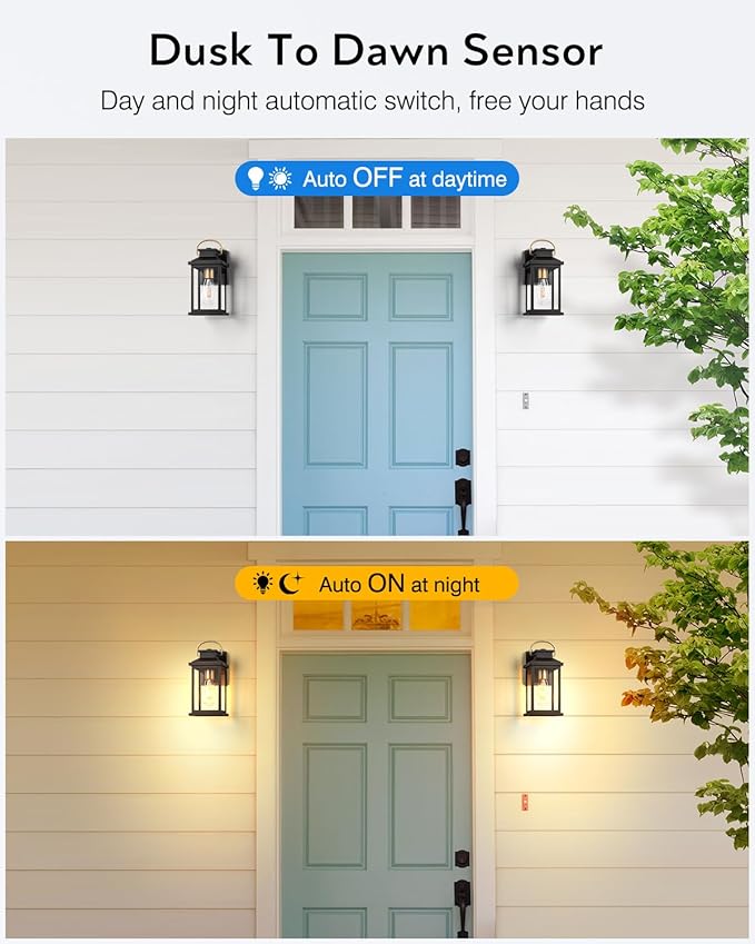VIANIS Porch Lights Outdoor, Black Gold Accents Dusk to Dawn Exterior Garage Lighting Fixtures Wall Mount for House, Modern Outdoor Wall Sconce Lanterns Lighting for Front Porch Patio, Anti-Rust