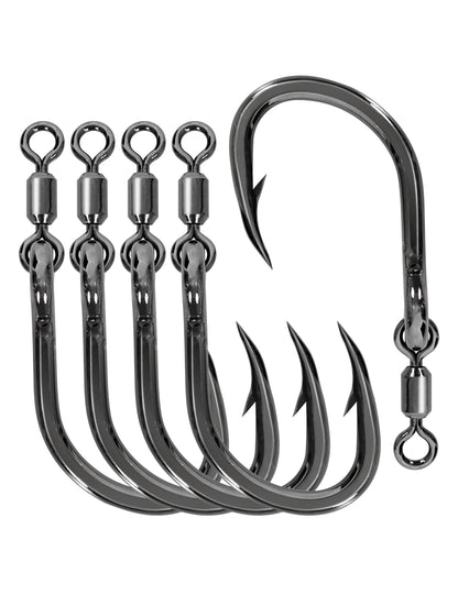 BLUEWING Monster Big Game Live Bait Swivel Hooks High Carbon Steel Fish Ringed Hooks with Stainless Steel Swivel Cutting Point Extra Sharp for Saltwater Fishing 6/0-5pcs