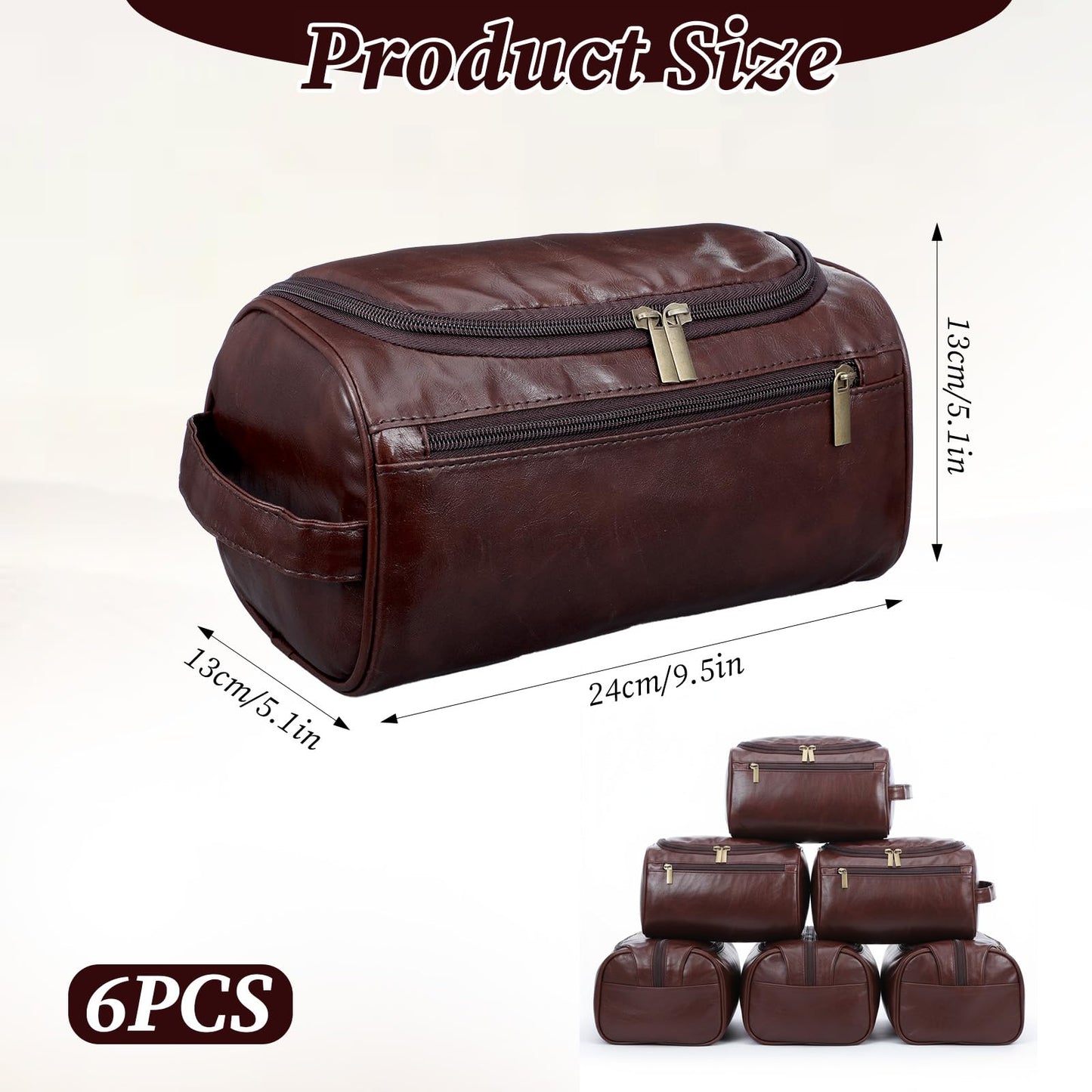 Giloaou 6 Pack Premium Groomsmen Toiletry Bags - PU Leather Travel Shaving Kit with Hook, Wedding Proposal Gift Set for Men, Father, Best Man (Dark Brown)