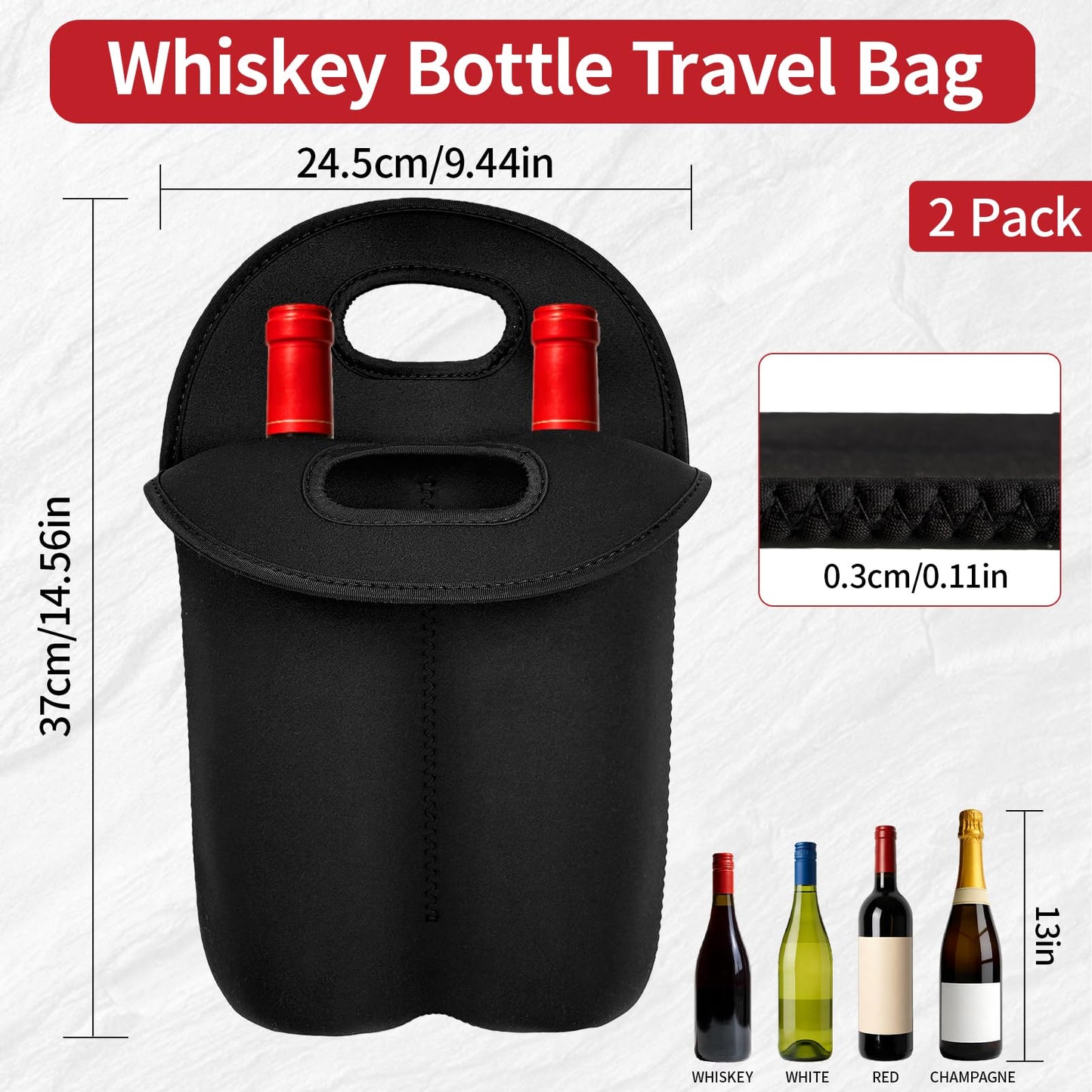 Bottle Caddy Bag Whiskey,4 Bottles Insulated Neoprene Whiskey Bottle Travel Bag, Protective Bottle Carrier Tote with Soft Handle for Outdoor, Picnic & Gift,2 Pack Black