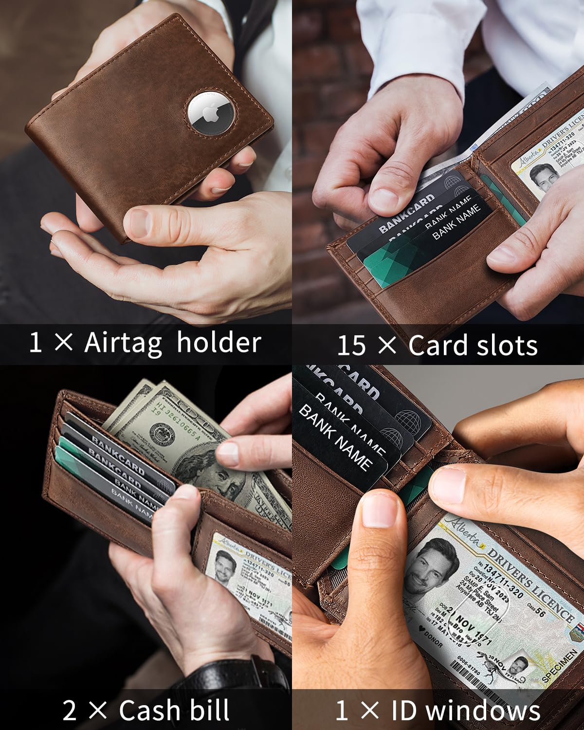 Mens Wallet With Airtag Holder Genuine Leather Bifold RFID Blocking Wallets with 14 Card Slots, ID Window & 2 Cash Pocket（AirTag Not Include）
