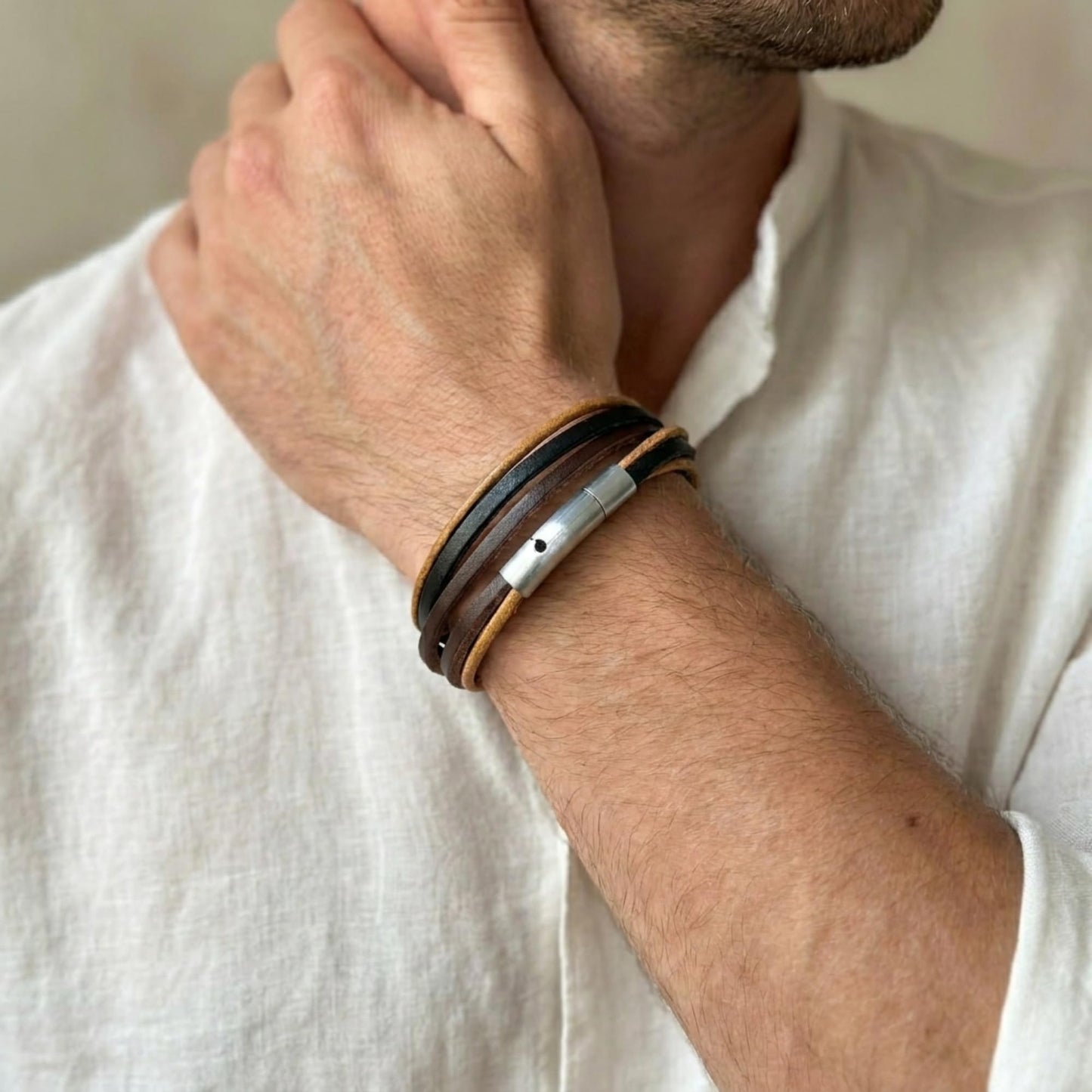 Leporem Unisex Genuine Cowhide Leather Wrap Bracelet Choker Minimalist Push-Lock Clasp Premium Surgical Steel Wristband 17.7 Inch Mixed Gift Box (Mixed, 17.7 Inches)