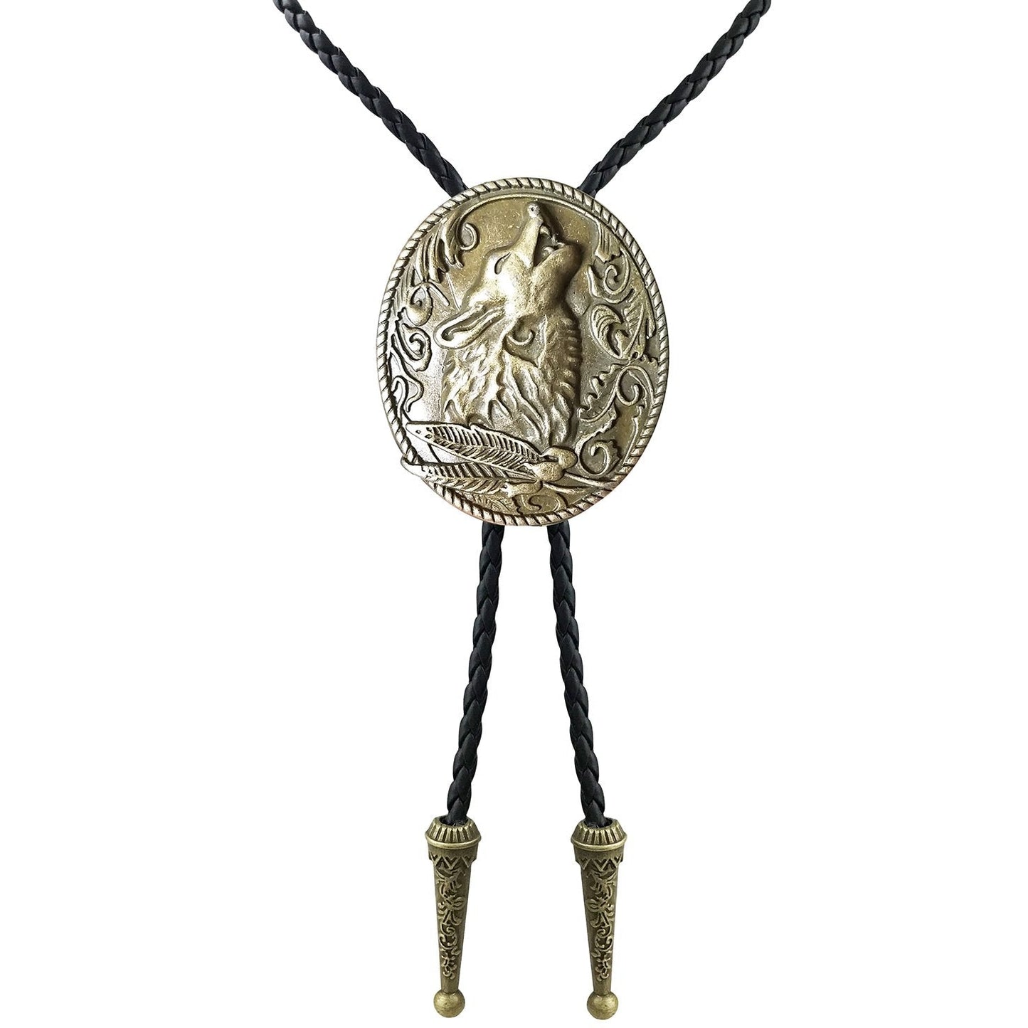 SELOVO Antique Gold Color Western Statement Wolf Shout Bolo Tie Genunie Leather Bolotie for Men