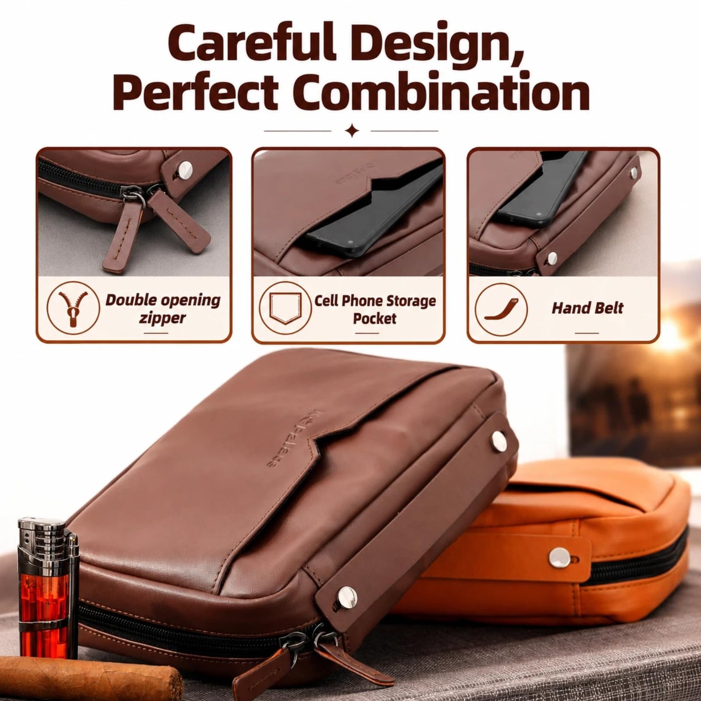 King's palace Portable Cigar Humidor & Leather Travel Cigar Case, with 5-Cigar Holder, 3 Accessory Pockets, 3 Credit Card Slots | Cigar Accessories Gift Set for Men