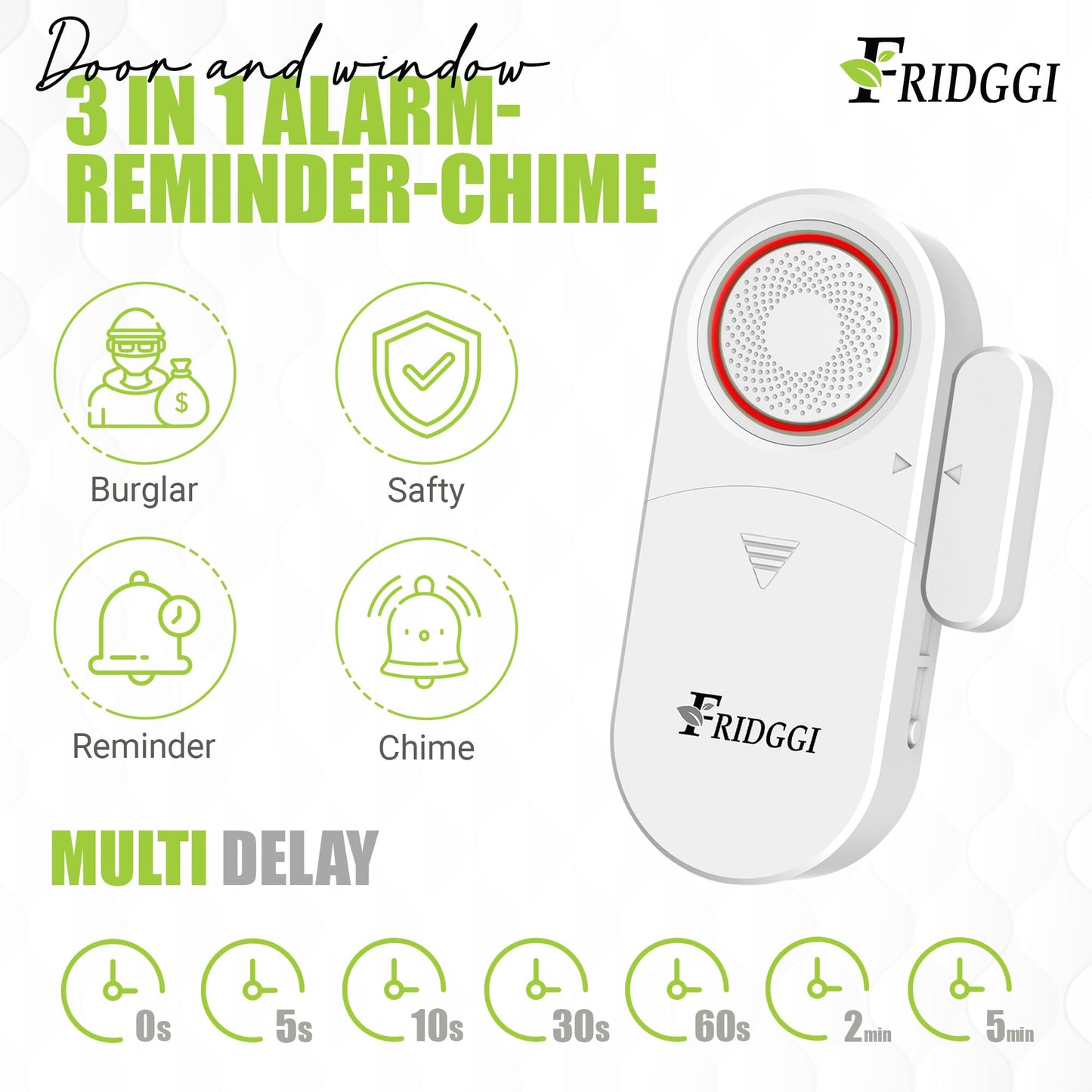 3in1 Alarm - Door Ajar Alarm, Door Chime with Delay, 0/5/10/30/60 Seconds, 2/5 Minutes, Close Door Reminder, 80 to 120 dB, Time Delay Alert When Left Open for Freezer, Home, Shop. (White)