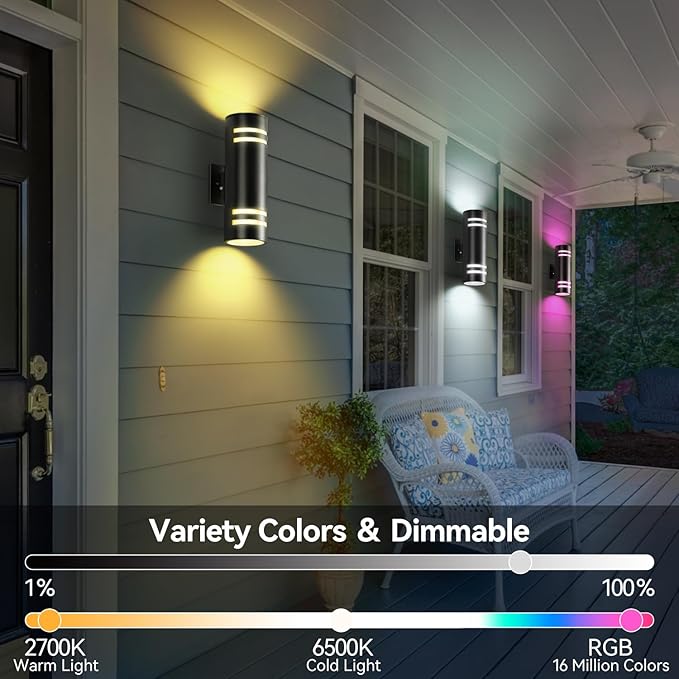 Smart Porch Lights RGBCW Outdoor Wall Lights, Modern Dusk to Dawn Outdoor Light Fixture Color Changing Up and Down Lighting, Waterproof Sconce Compatible with Alexa Google Assistant