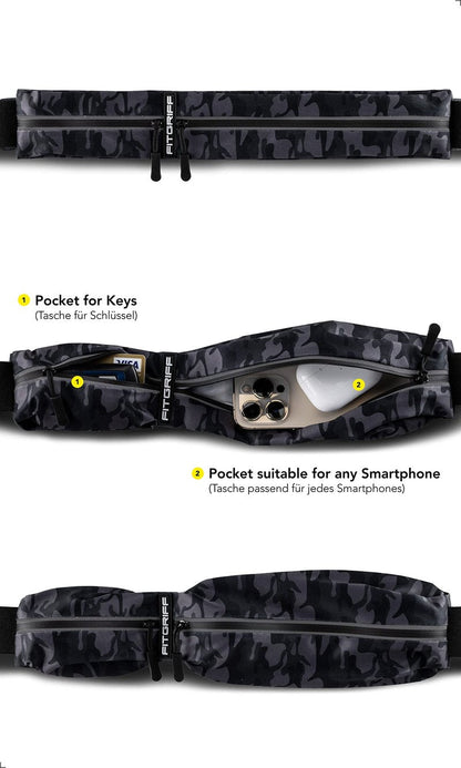 Fitgriff® Running Belt for Men & Women - Secure Jogging Pouch for Phone, Keys & Essentials - For All Cell Phones (Camo-Black, 33.5" - 47.5" Waist Size)