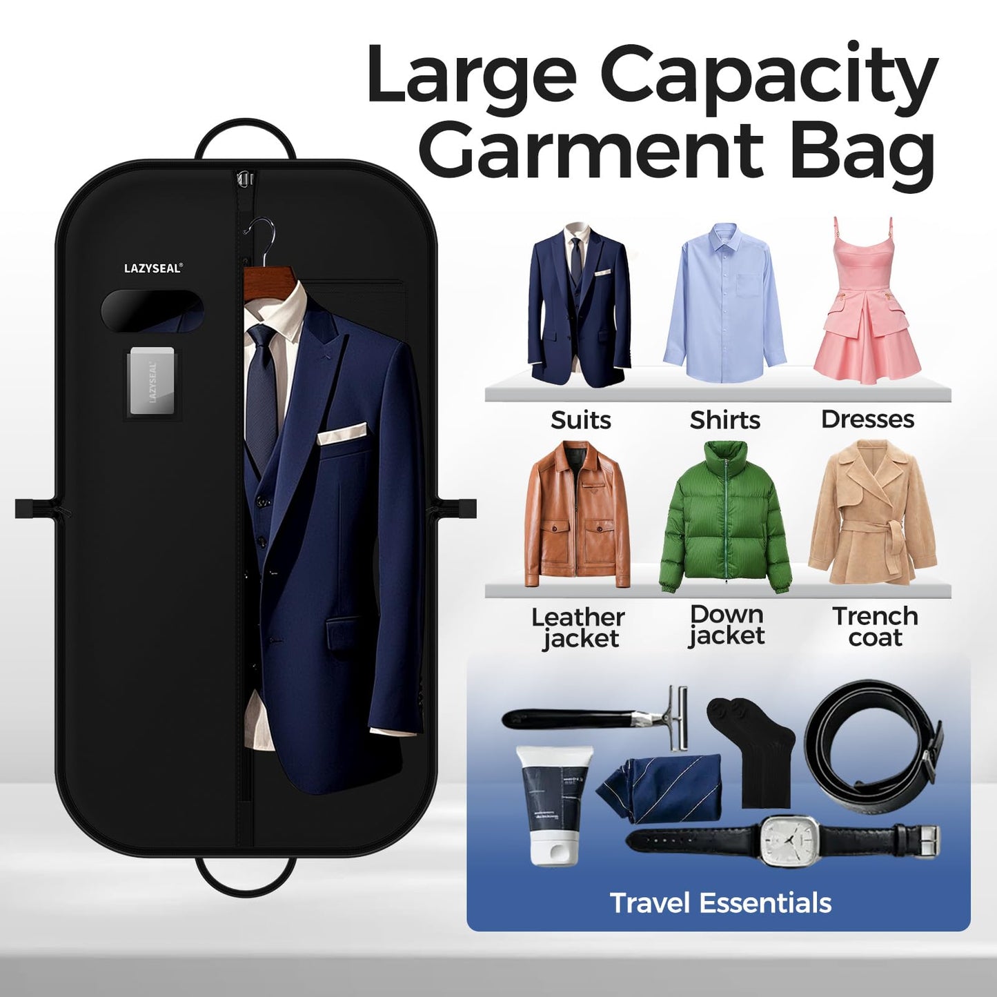 LAZYSEAL Garment Bag for Closet Storage and Travel 43-Inch Waterproof Dustproof Suit Luggage Bag Unisex Clothes Bag Durable 600D Oxford Fabric 2-in-1 Hanging Suit case Coat Bag for Man, Woman