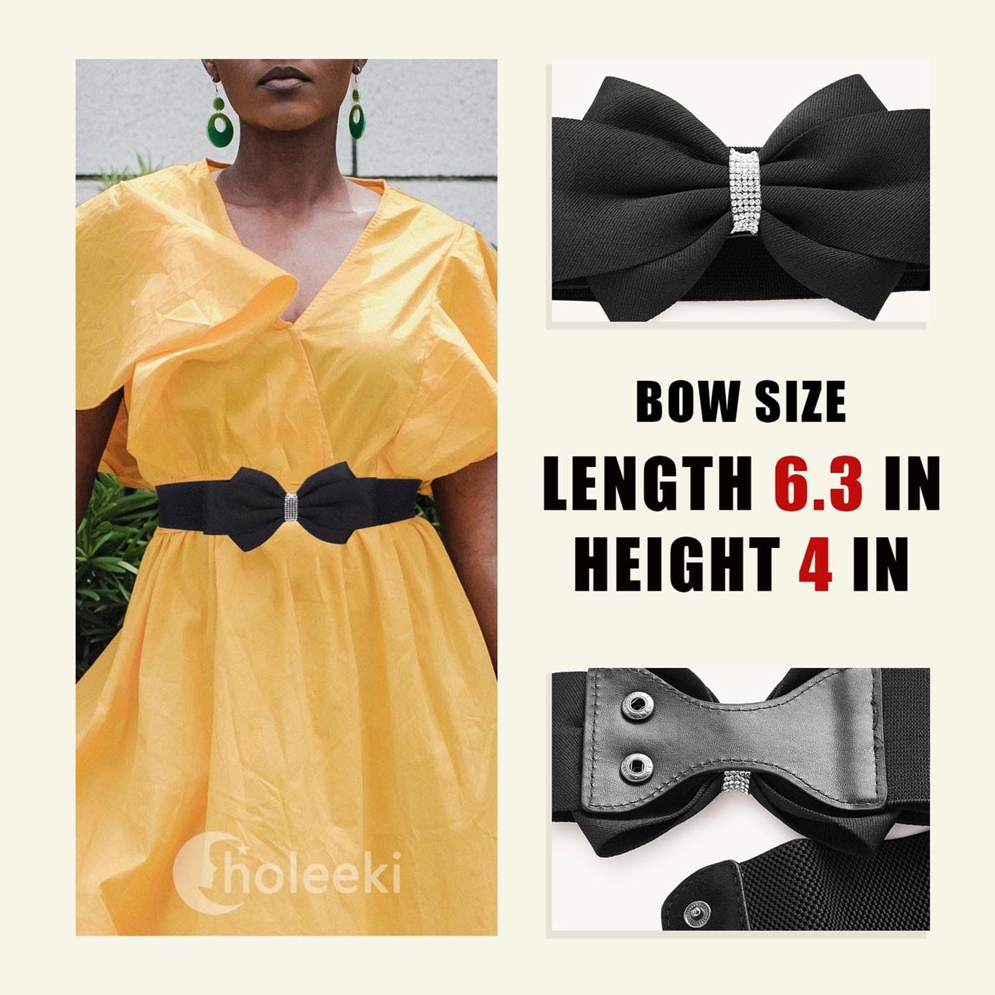 Choleeki Women's Elastic Bow Belt Wide Rhinestone Stretch Belts Ladies Waist Accessories for Dress Jeans (black, S)