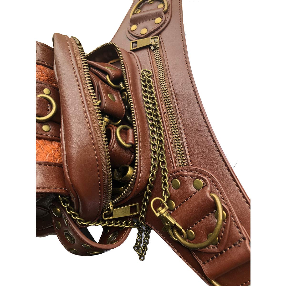 Steampunk Waist Bag Fanny Pack Fashion Gothic Leather Shoulder Crossbody Messenger Bags Thigh Leg Hip Holster Purse Travel Pouch Hiking Sport Chain Bags for Women Men brown