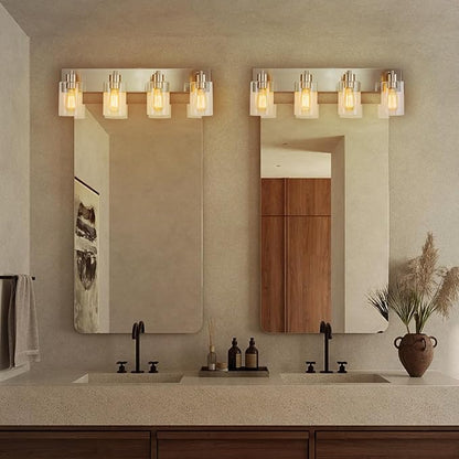 4-Light Bathroom Vanity Light Fixtures, Modern Bathroom Light Fixture with Clear Glass Brushed Nickel Finish Vanity Lights Over Mirror for Kitchen Bedroom Living Room
