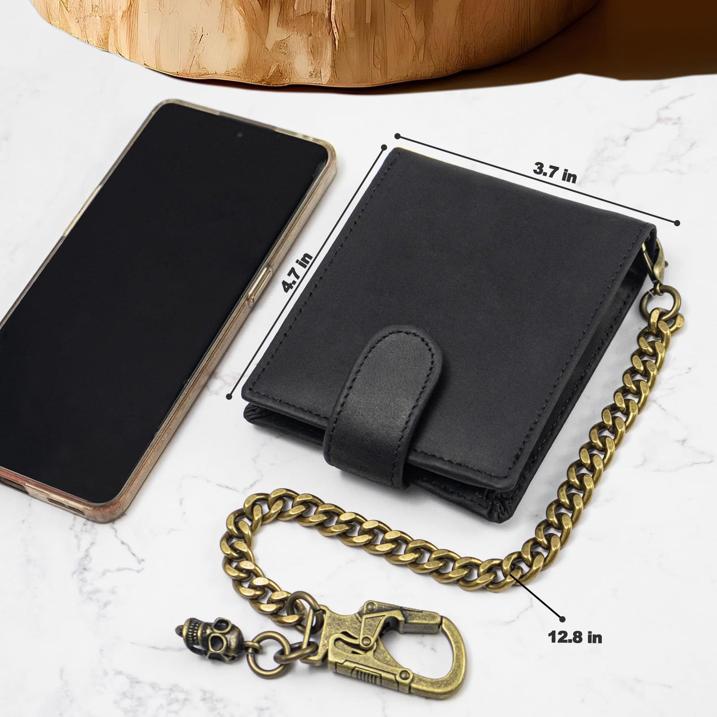 Ahiller Chain Wallet for Men Crazy Horse Bifold Leather Wallet with Chain, Anti-Theft Mens Wallets with Gift Box,Zippered Bill Compartment,ID Window, Card Slots-Black