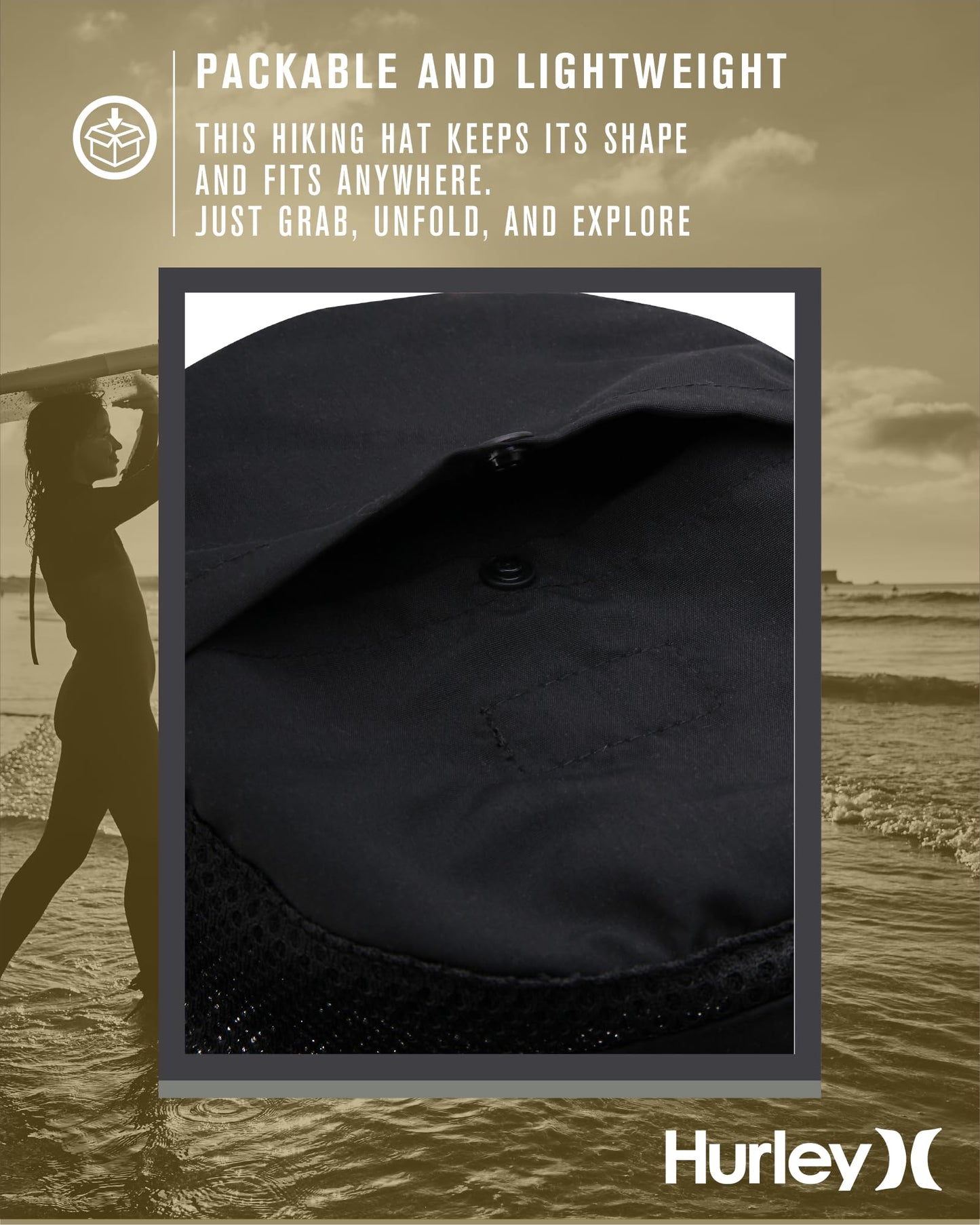 Hurley Men's Boonie Hat - Moisture Wicking and Packable Full Brim Sun Hat UV Protection for Fishing, Hiking, and Safari, Size Small-Medium, Black/White