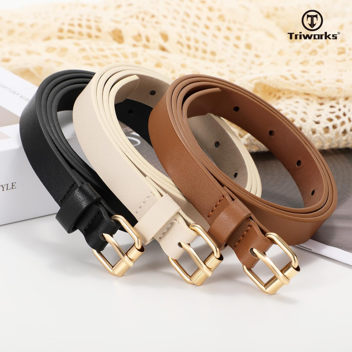 TRIWORKS 3 Pack Women Skinny Leather Belt for Jeans Pants Dress Ladies Thin Waist Belt with Gold Buckle