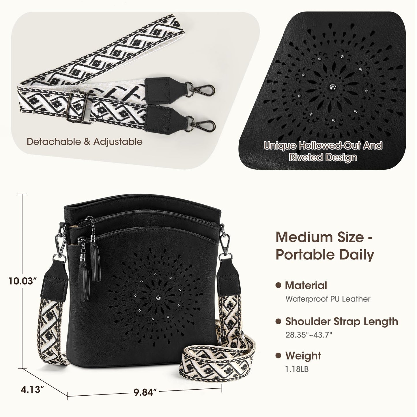 RAINSMORE Women's Medium Leather Crossbody Bag - Lightweight Purse for Weekend Shopping, Everyday Outings, Travel, Designer Trendy Shoulder Handbags with Adjustable Guitar Strap, Multiple Pockets