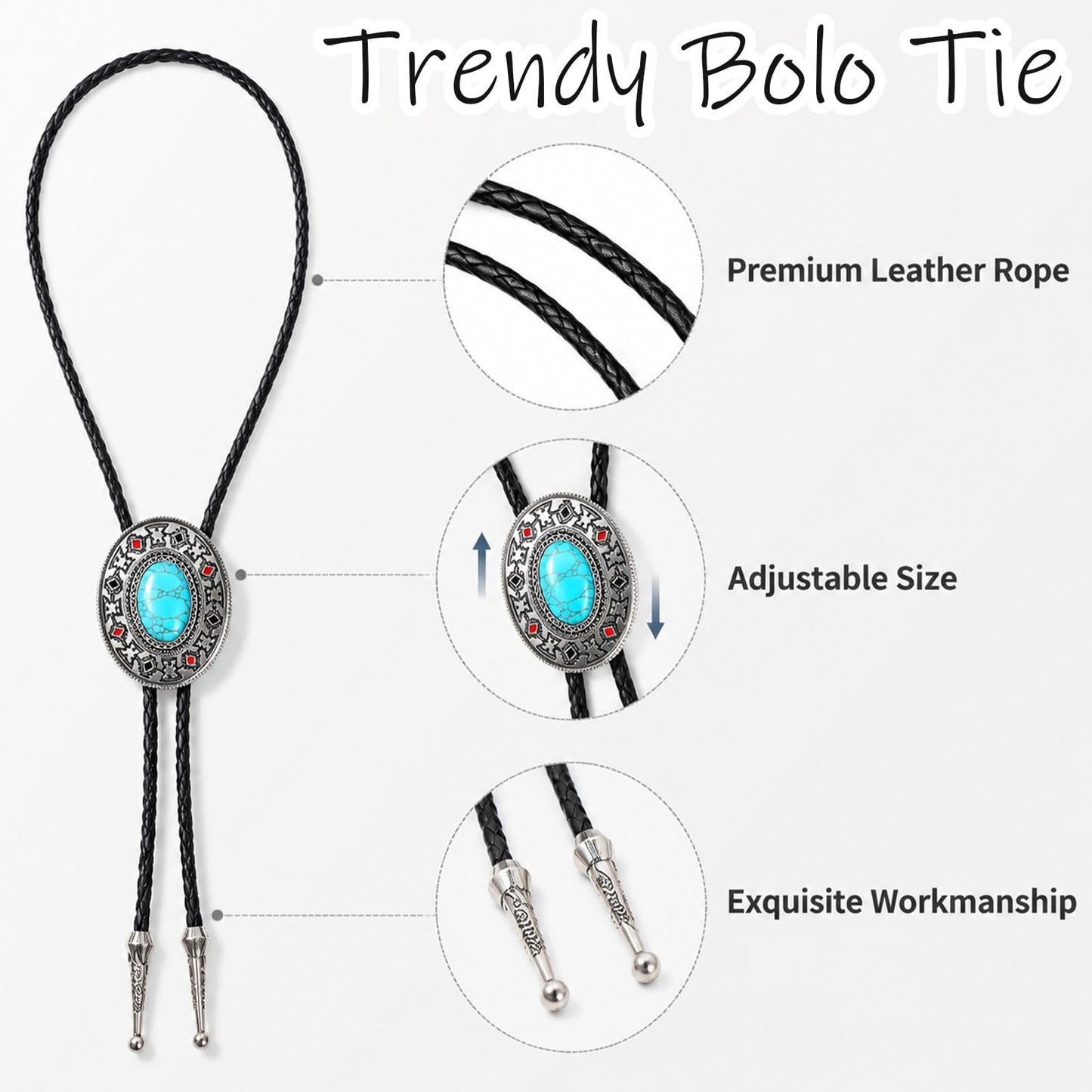 Suohheh 5 Pcs Bolo Tie for Men Women, Handmade Leather Adjustable Western Cowboy Necktie With Natural Tiger Eye Turquoise Black Agate Stone, Vintage Bolo Necklace Halloween Costume Accessories