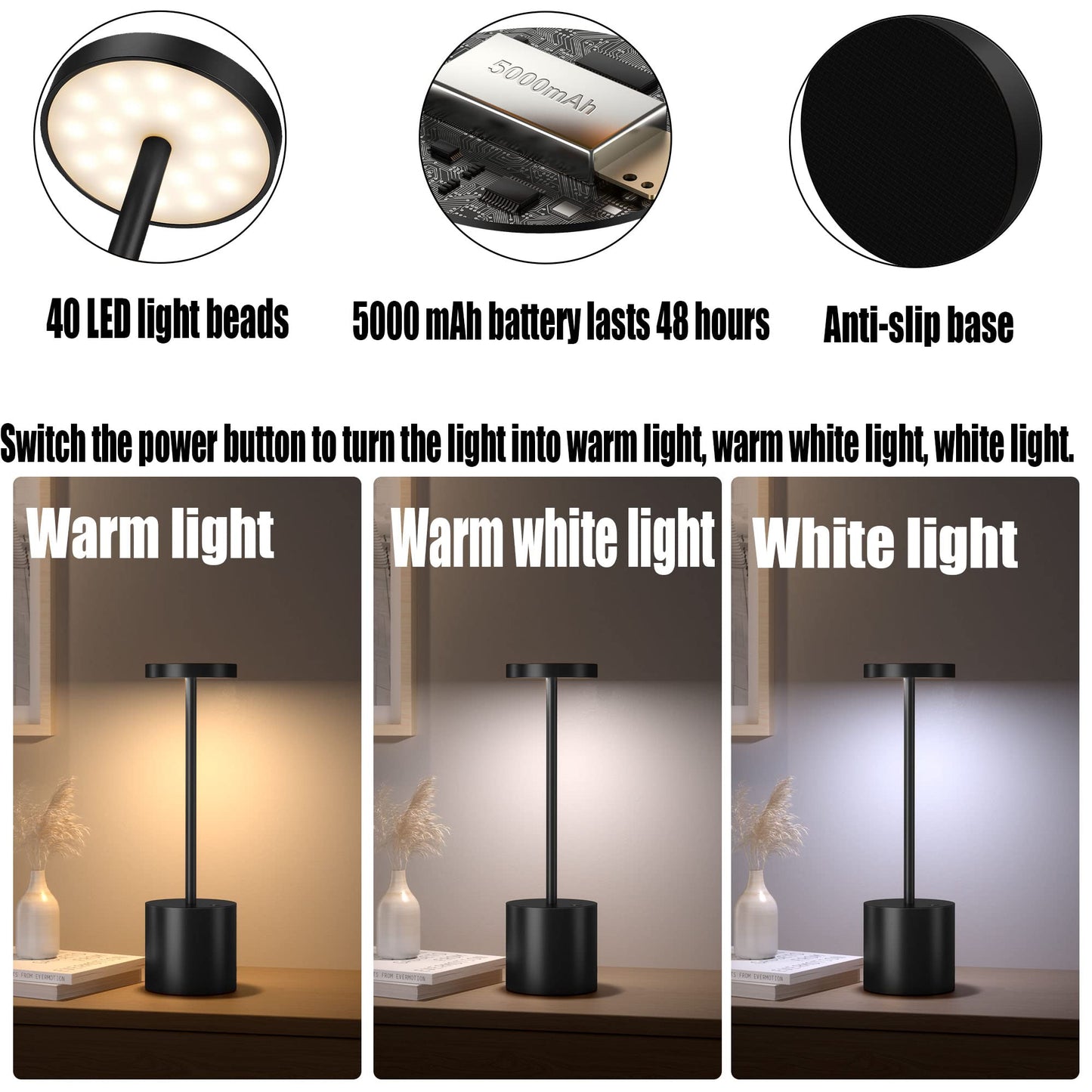 YIBEN 2Pack Cordless Table Lamp, Rechargeable LED Battery 5000mAh Metal USB Portable Powered Desk Lamp, 3 Levels Brightness Light for Restaurants Outdoor (2pack 10.25in Titanium)