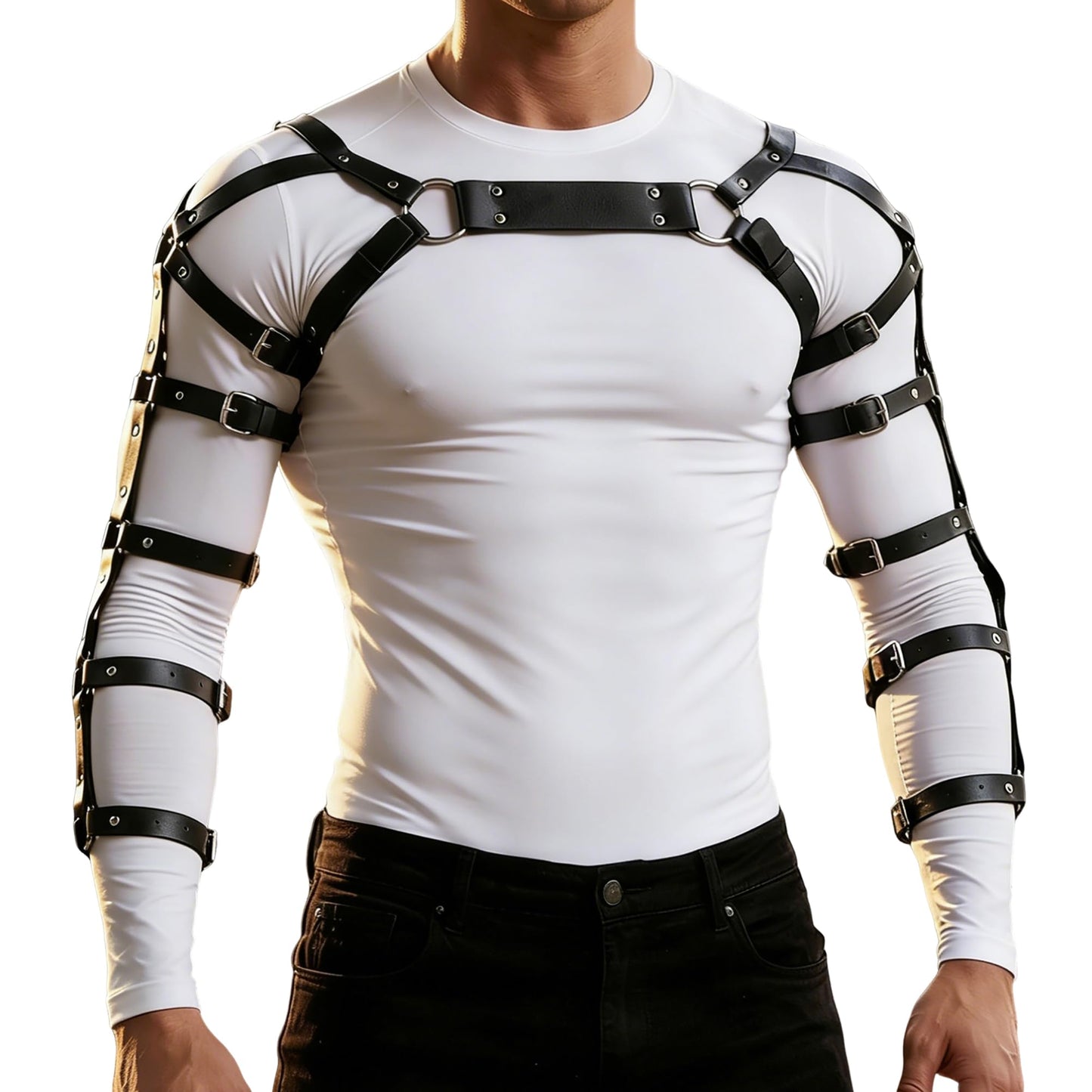 Mens Chest Harness Cosplay Top PU Leather Chest Shoulder Straps Body Harness Strap Male Punk Fashion Fantasy Costume Rave Outfit for Music Festival Party Halloween Cosplay (Black)