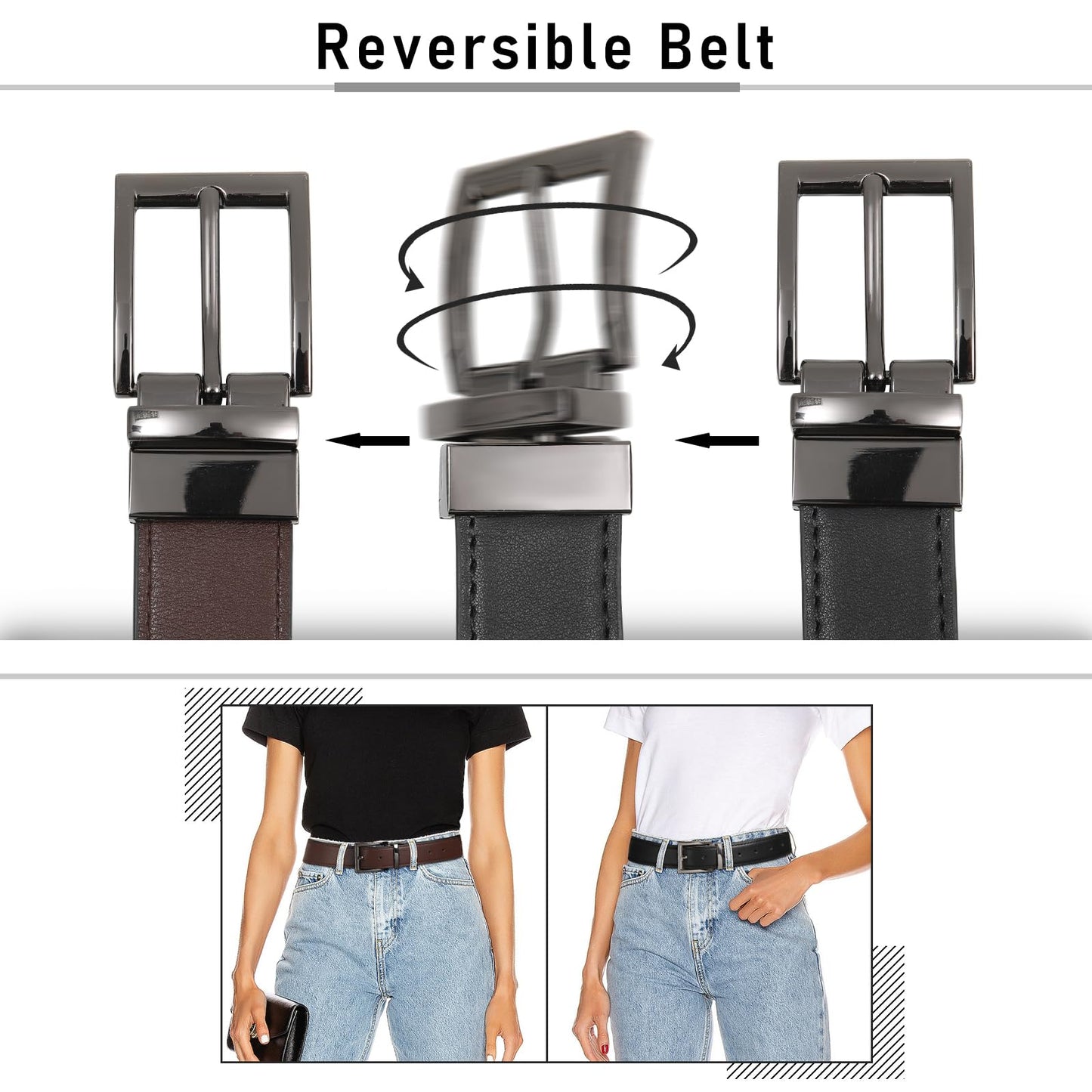 AWAYTR Reversible Leather Belt for Women - Two Color-in-One Belt for Jeans Dress Women Men Belt with Rotated Buckle(Coffee/Black with Gun Color Buckle 25in-31in)