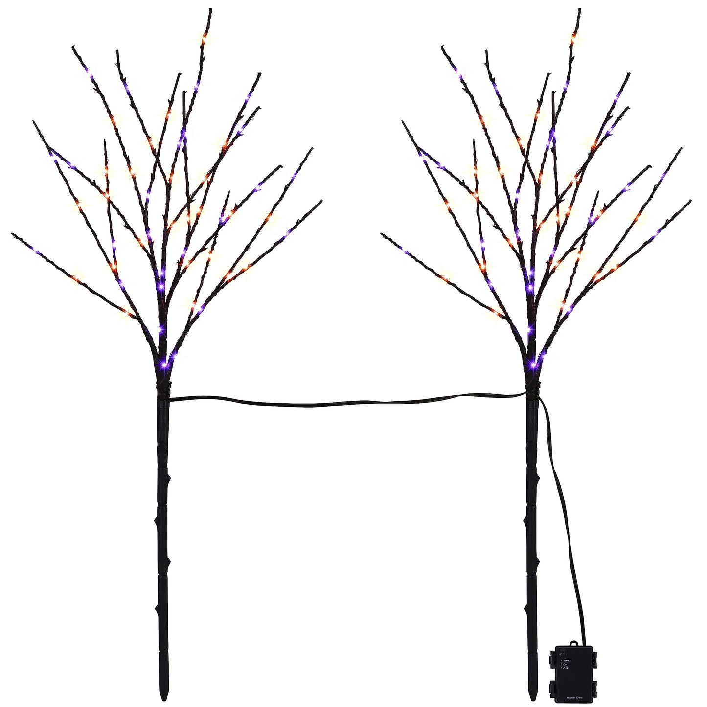 Lighted Halloween Tree Branches, 30IN 100LED Artificial Black Twig Branch with Purple&Orange Fairy Lights, Built-in Timer & Battery Operated, Waterproof for Outdoor Pathway Lawn Garden Decorations
