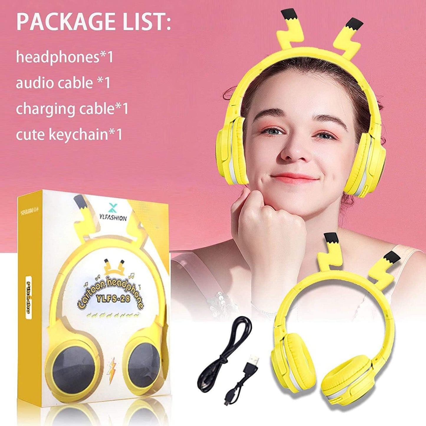Kids Wireless Bluetooth 5.0 Earphones with 7 Colors LED Light, Earhook Headphones, Foldable Built-in Microphone, Suitable for Boys and Girls Game/Music/Study, Christmas/Birthday/Travel Gift (Yellow)