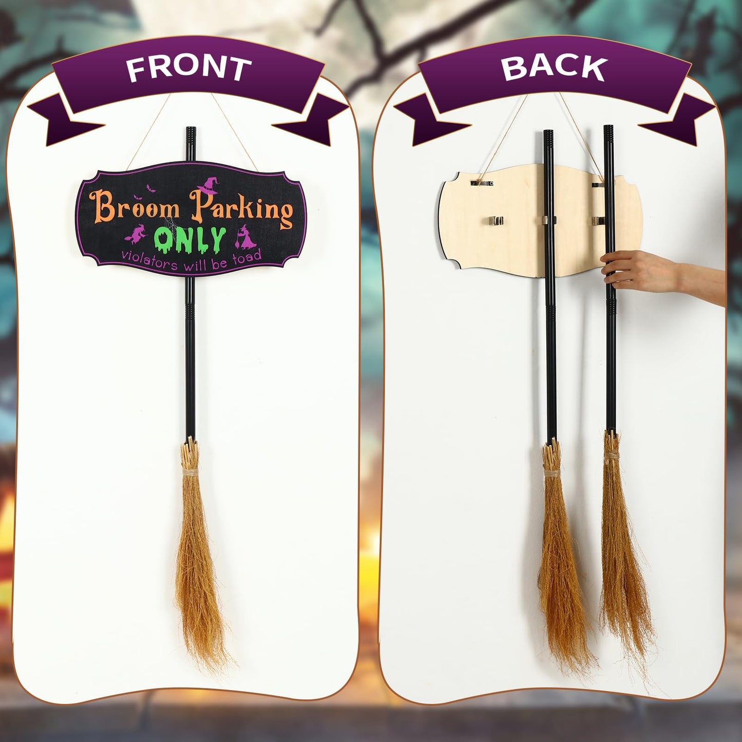 Bnesi Halloween Creative Wall Decorations, Broom Parking Sign with 3 Removable and Placeable Witches Brooms, Outdoor Front Porch or Indoor Living Room Wall Halloween Decoration (Halloween)