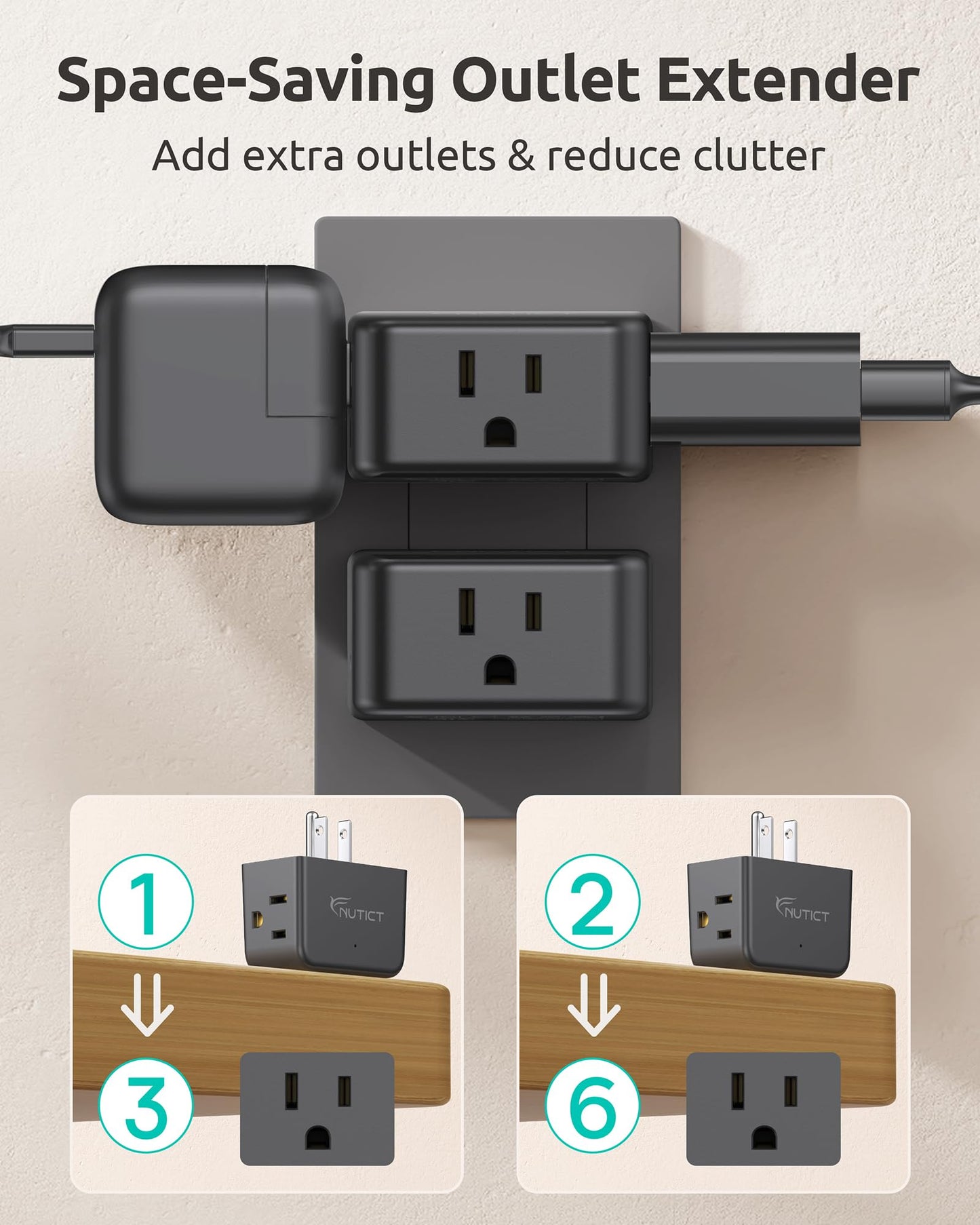 NUTICT Multi Plug Outlet Extender 2 Pack, Small Wall Plug Extender, Black