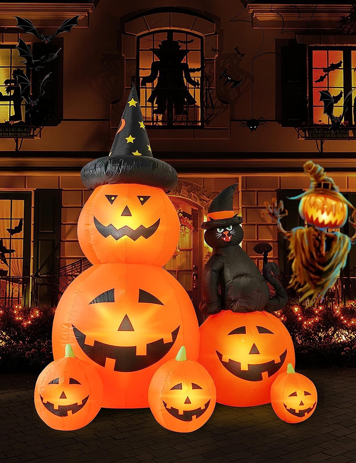 HOPOCO 6 FT Halloween Inflatable Decorations Spooky Ghost Pumpkin Lighted and Witch's Cat, Halloween Decorations Outdoor Inflatables Pumpkin Combo with Build-in LED Blow Up Inflatables for Yard Garden