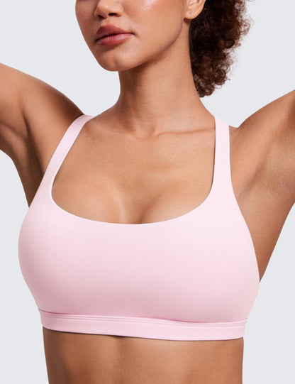 CRZ YOGA Naked Feeling Strappy Sports Bras for Women - Criss Cross Back Wireless Padded Cami Yoga Workout Top Strawberry Pink Small