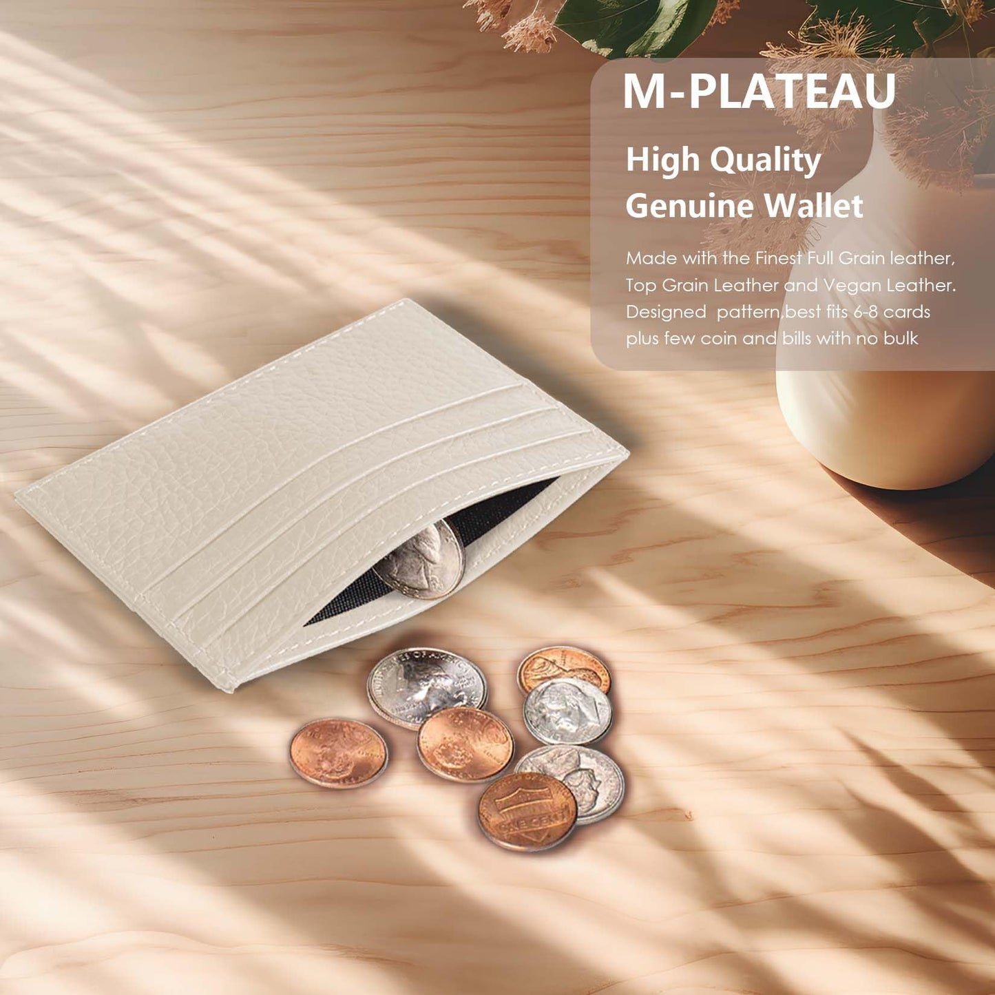 M-Plateau Credit Card Wallet, Super Slim Card Holder, Genuine Leather Wallet for Man and Women with 6 Card Slots and 1 Pocket (Off-White)