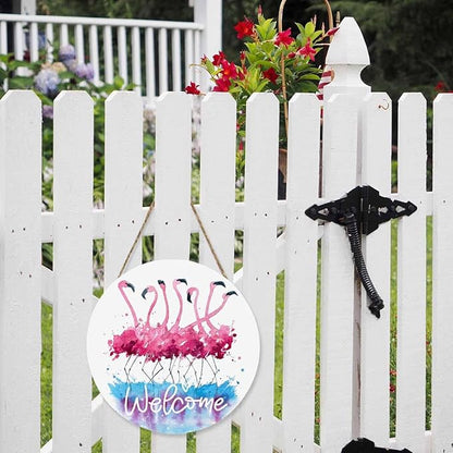 12in Welcome Door Hanger Door Sign Watercolor Pink Flamingo Wood Panel Sign Home Porch Farmhouse Outdoor Indoor Festival Present