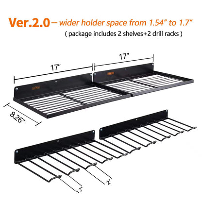 UU-Major Power Tool Organizer with Charging Station, Drill Holder, Wall Mount, Garage Storage Shelves, Heavy Duty Pegboard Wall Organizer Set, Solid Metal, Black, 2 Pack, 4 Set