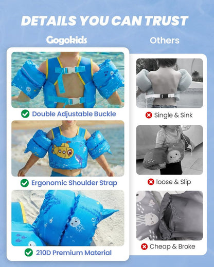 Gogokids 2-in-1 Toddler Swim Vest Pool Floaties for Kids[CPC Certified & Remove Crotch Strap]Puddle Float Jumper 24-66 Pounds, Toddler Arm Floaties Swim Jacket Water Wings for kids Boys Girls Swimmies