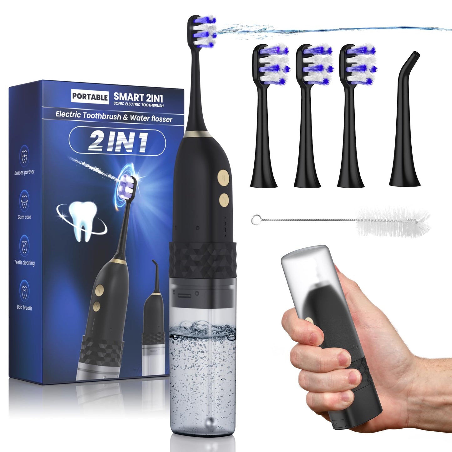 Portable Water flosser with Electric Toothbrush, 2 in 1 Teeth Cleaning Kit, Electric Toothbrush and flosser Combo, Water Flosser for Travel and Home (Black)