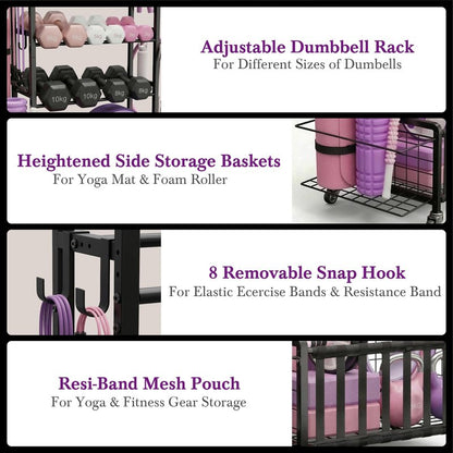 Dumbbell Rack, Home Gym Storage Rack, Adjustable Weight Rack Organizer with Wheels & Hooks, Heavy Duty Gym Equipment Storage, Workout Storage Organizer for Garage Gym