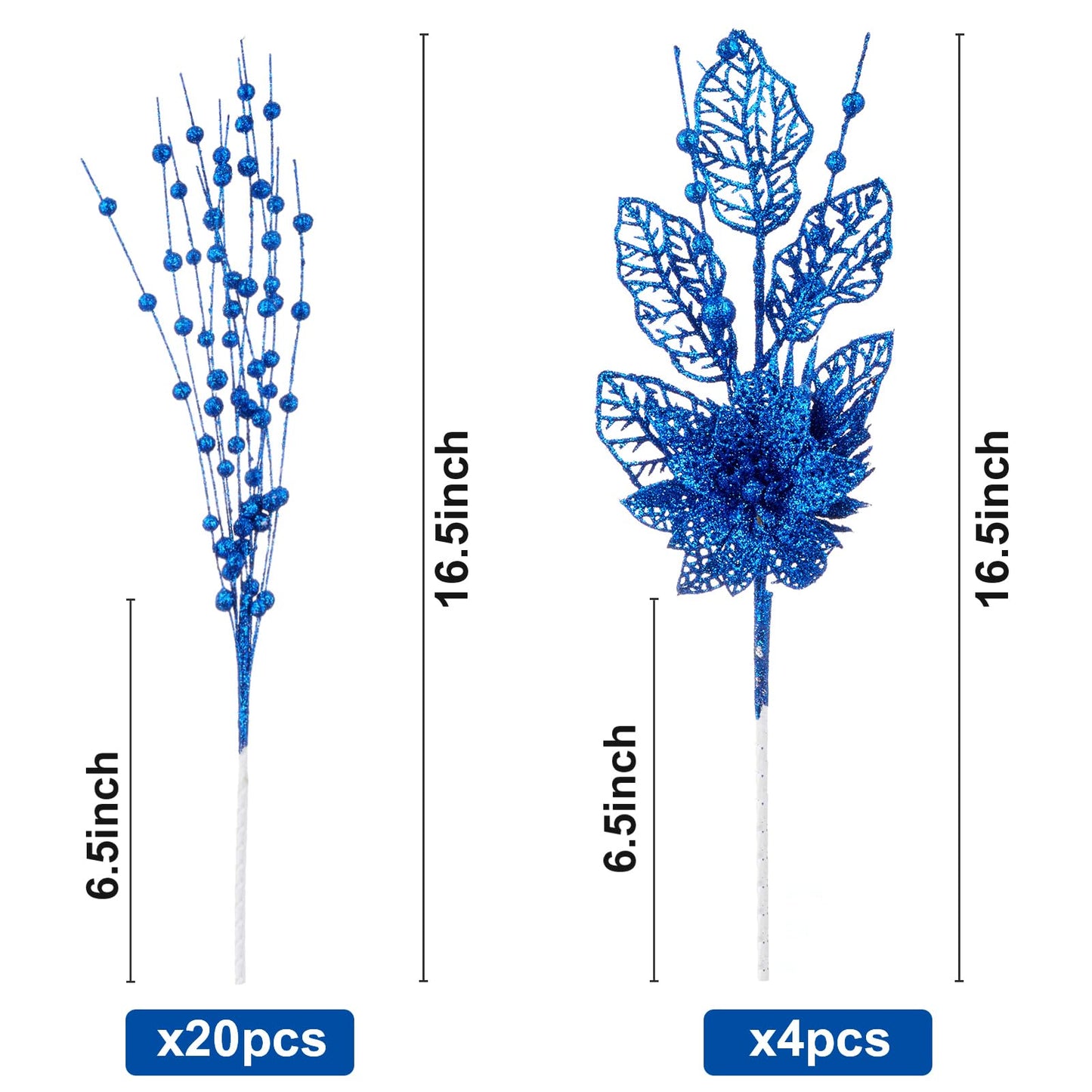24 Pack Christmas Tree Ornaments - Artificial Flowers Glitter Berry Stems Christmas Floral Picks Branches for Xmas Tree Decorations Vase Filler Holiday Wedding Party Home Decor (Blue)