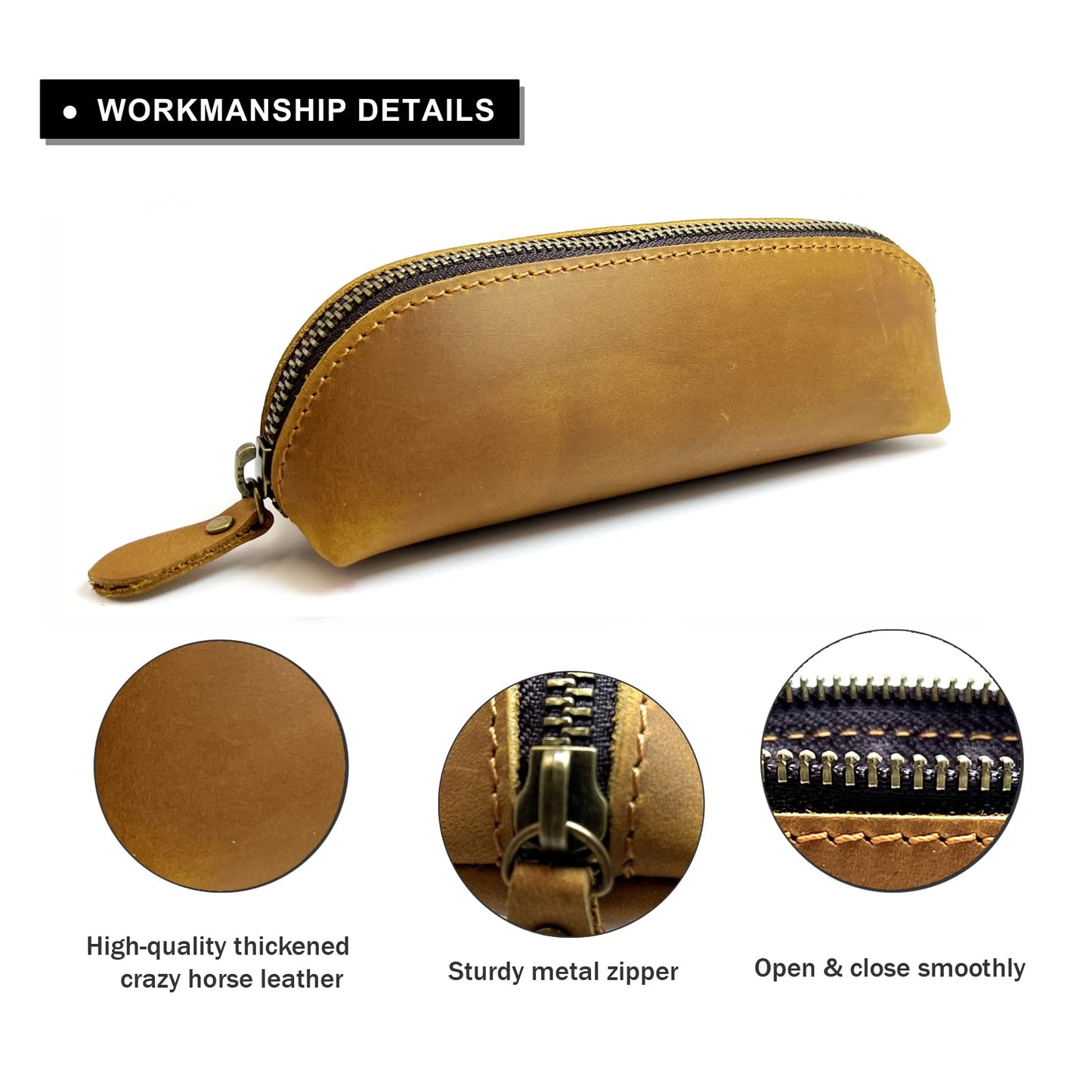 Craoopii Leather Pen Case Pencil Bag Pouch With Zipper Pen Holders Handmade Genuine Leather For Men Women Businessmen And Artists Home Work Office (Brownish yellow)