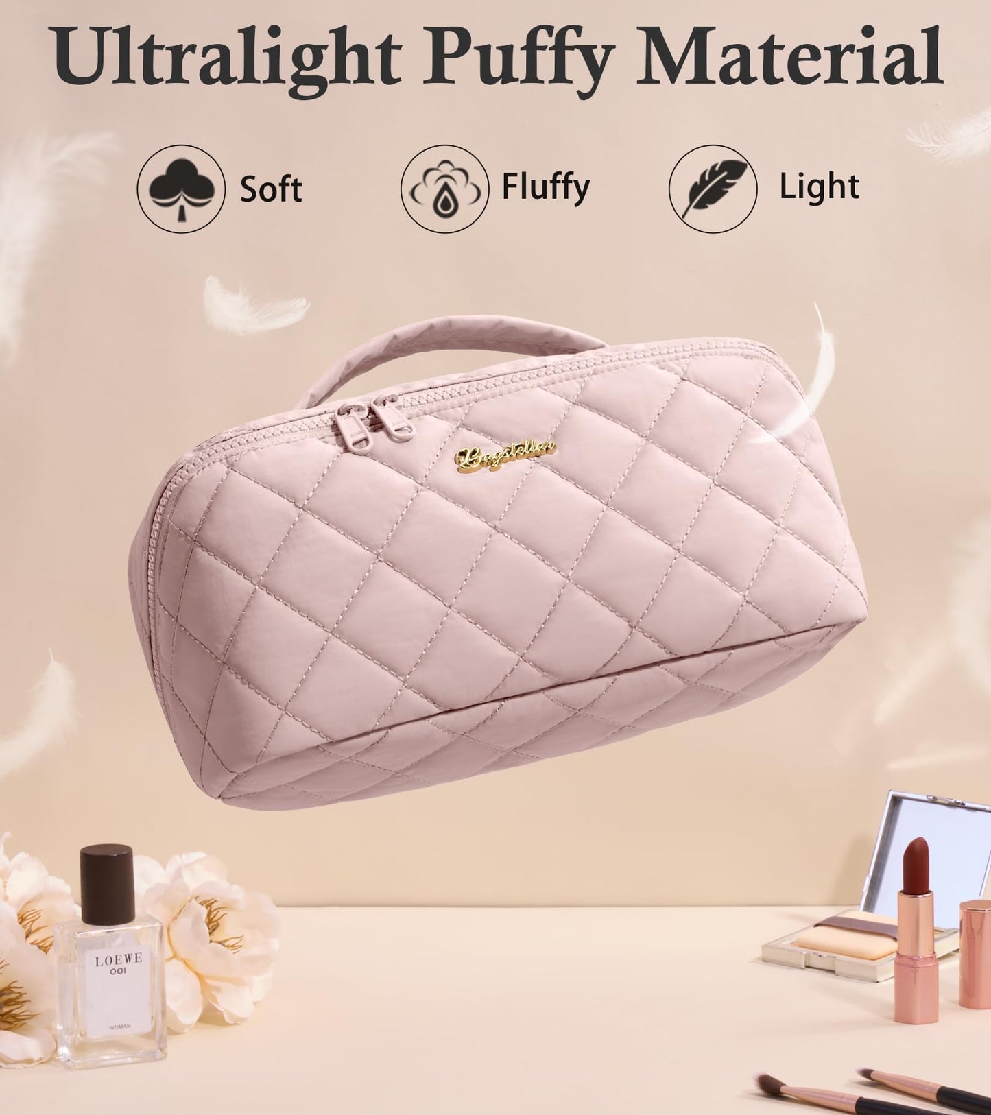 Travel Makeup Bag, 3 Pcs Large Capacity Puffy Toiletry Bag for Women, Open Flat Make up Cosmetic Organizer w/Handle & Clear Divider Water-resistant Portable Pouch Travel Essentials, L-Light Pink