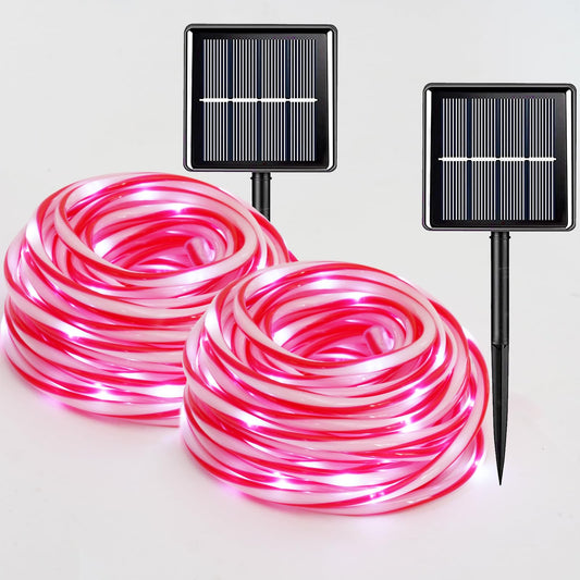 QITONG Solar Christmas Lights, 2 Pack Each 33ft 100 LED Red & White Candy Cane Rope Light Outdoor Waterproof, 8 Modes Fairy Lights in Clear Thin Tube