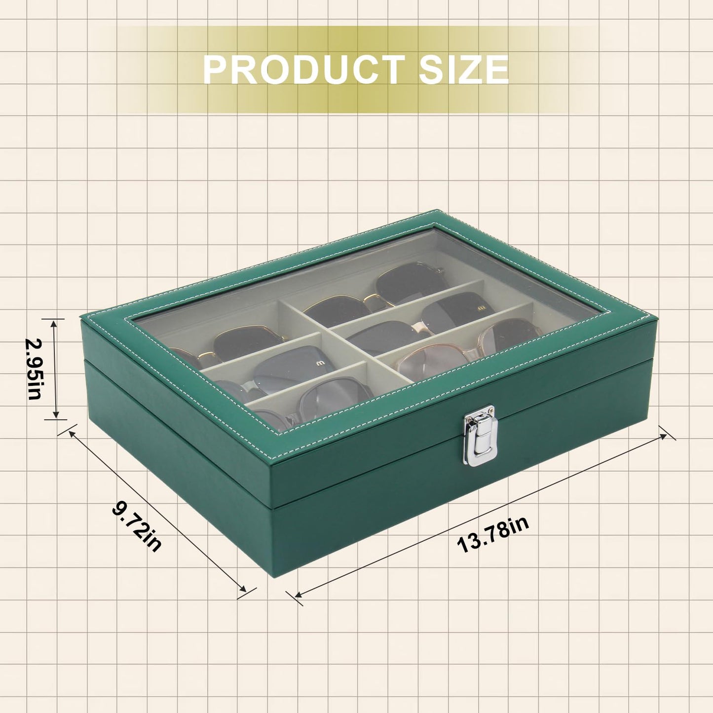 CECOBAG 8 Slots Sunglass Organizer with Clear Top Lid – PU Leather Glasses Case Display Tray, Removable Dividers, Also Suitable for Jewelry Storage-Green